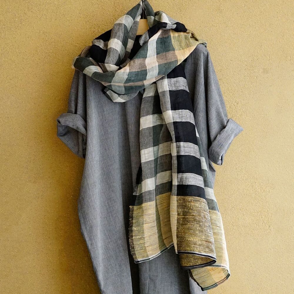 Scarves - LINEN, ORGANIC COTTON AND JUTE STOLE\" CHESS” - KARAWAN AUTHENTIC