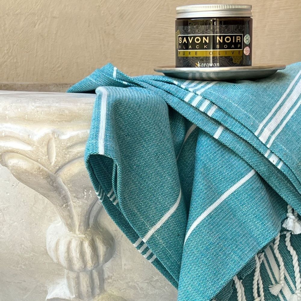 Bath towels - ORGANIC COTTON FOUTA - HAMMAM Collection - Color ATOLL BLUE - KARAWAN AUTHENTIC