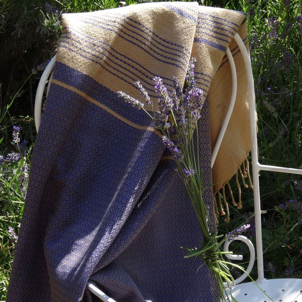Serviettes de bain - FOUTA EN COTON BIOLOGIQUE - Collection SAND- Couleur SABLE & BLEU IMPERIAL - KARAWAN AUTHENTIC