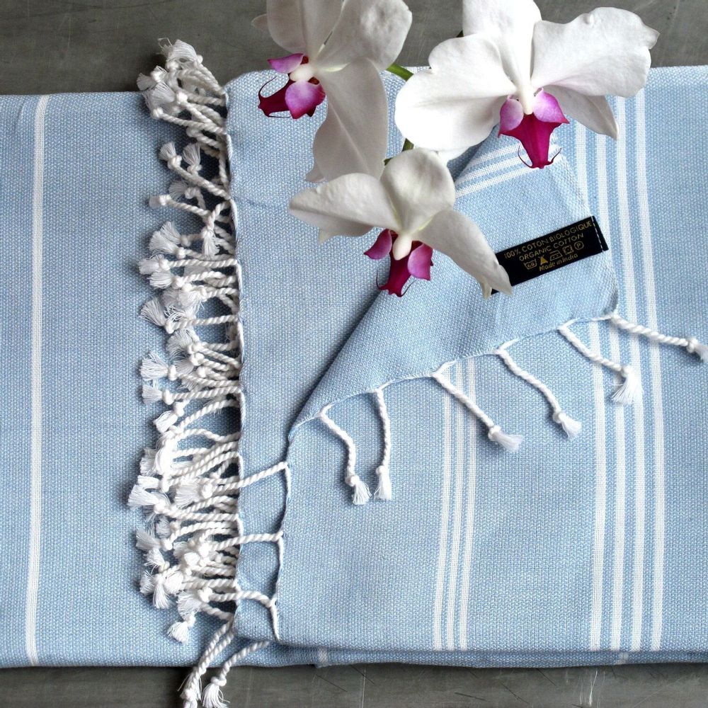 Bath towels - ORGANIC COTTON FOUTA - HAMMAM Collection - Color WHITE & CLOUD - KARAWAN AUTHENTIC