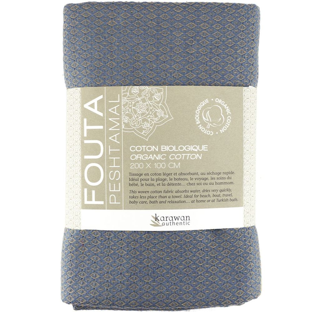Serviettes de bain - FOUTA EN COTON BIOLOGIQUE - Collection SAND- Couleur SABLE & BLEU DE CHINE - KARAWAN AUTHENTIC