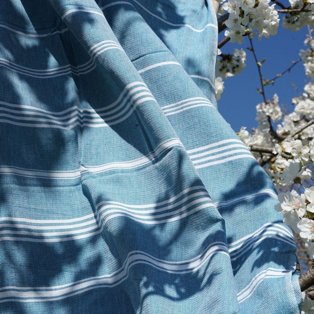 Bath towels - ORGANIC COTTON FOUTA - HAMMAM Collection - Color WHITE & OCEAN - KARAWAN AUTHENTIC