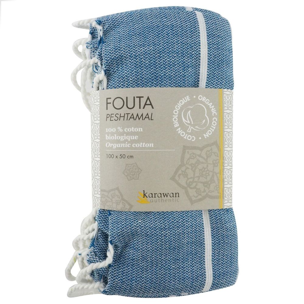 Bath towels - ORGANIC COTTON FOUTA - HAMMAM Collection - Color WHITE & OCEAN - KARAWAN AUTHENTIC