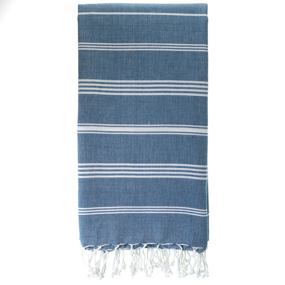 Bath towels - ORGANIC COTTON FOUTA - HAMMAM Collection - Color WHITE & OCEAN - KARAWAN AUTHENTIC