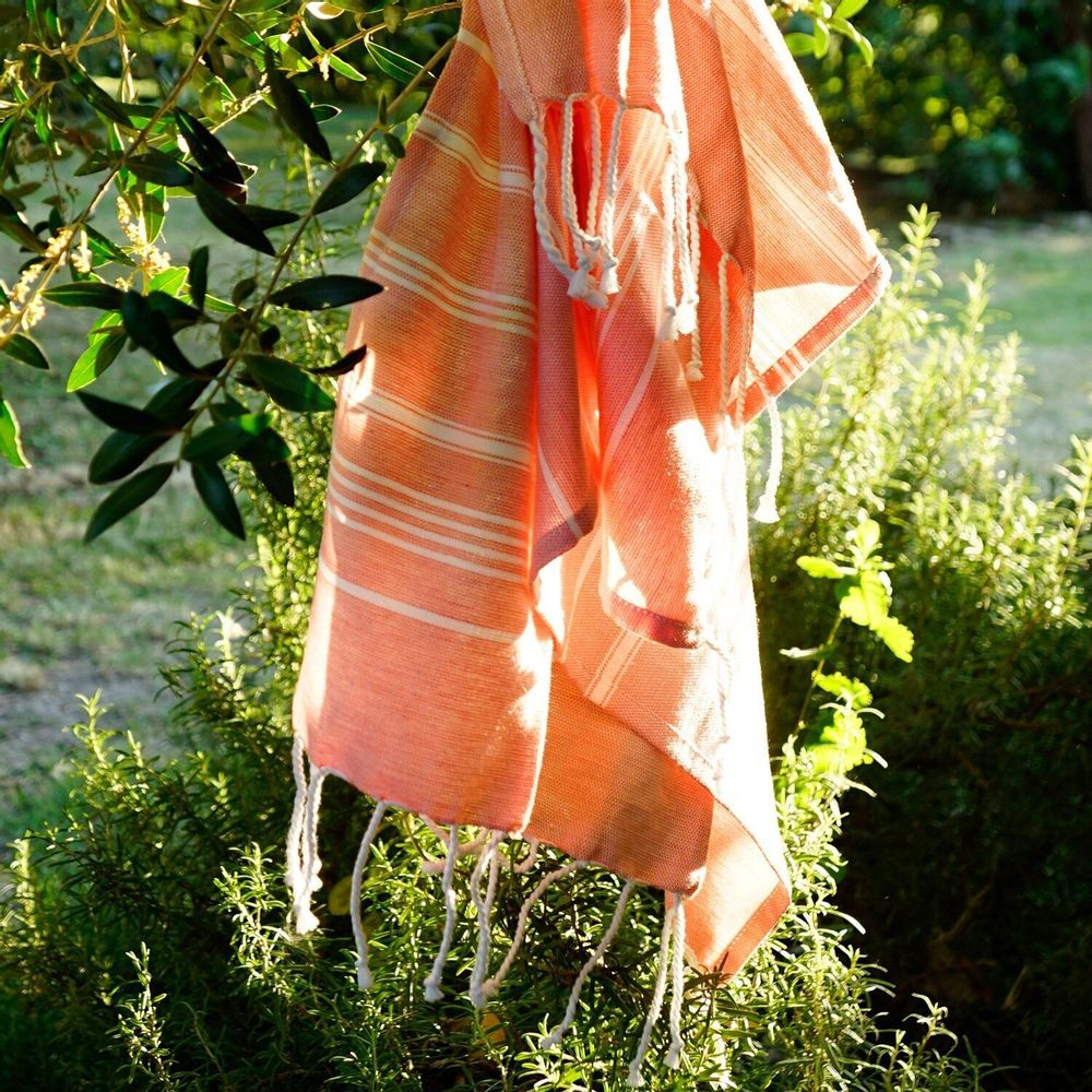 Serviettes de bain - FOUTA EN COTON BIOLOGIQUE - Collection HAMMAM- Couleur BLANC & CORAIL - KARAWAN AUTHENTIC