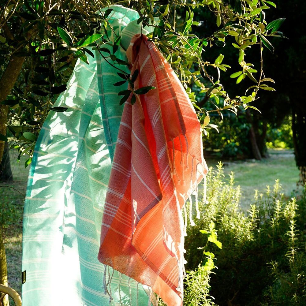 Serviettes de bain - FOUTA EN COTON BIOLOGIQUE - Collection HAMMAM- Couleur BLANC & CORAIL - KARAWAN AUTHENTIC