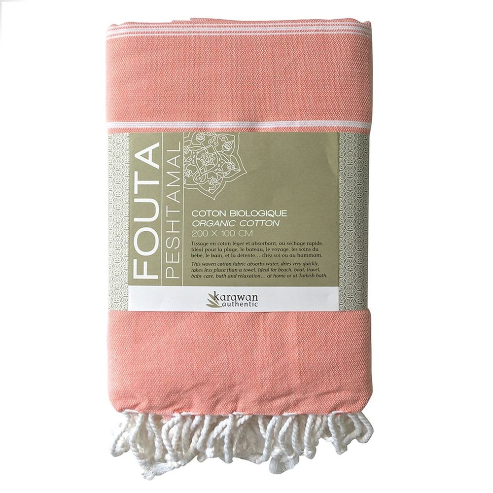 Serviettes de bain - FOUTA EN COTON BIOLOGIQUE - Collection HAMMAM- Couleur BLANC & CORAIL - KARAWAN AUTHENTIC