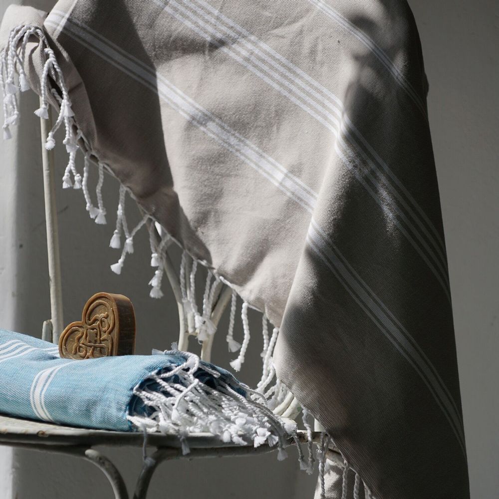 Bath towels - ORGANIC COTTON TOWEL - HAMMAM Collection - Color WHITE & TAUPE - KARAWAN AUTHENTIC