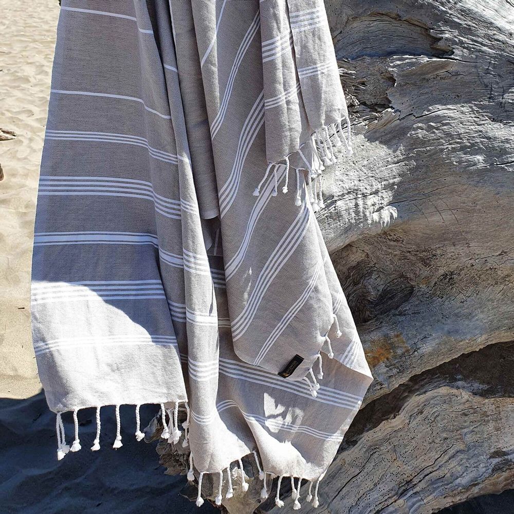 Bath towels - ORGANIC COTTON TOWEL - HAMMAM Collection - Color WHITE & TAUPE - KARAWAN AUTHENTIC