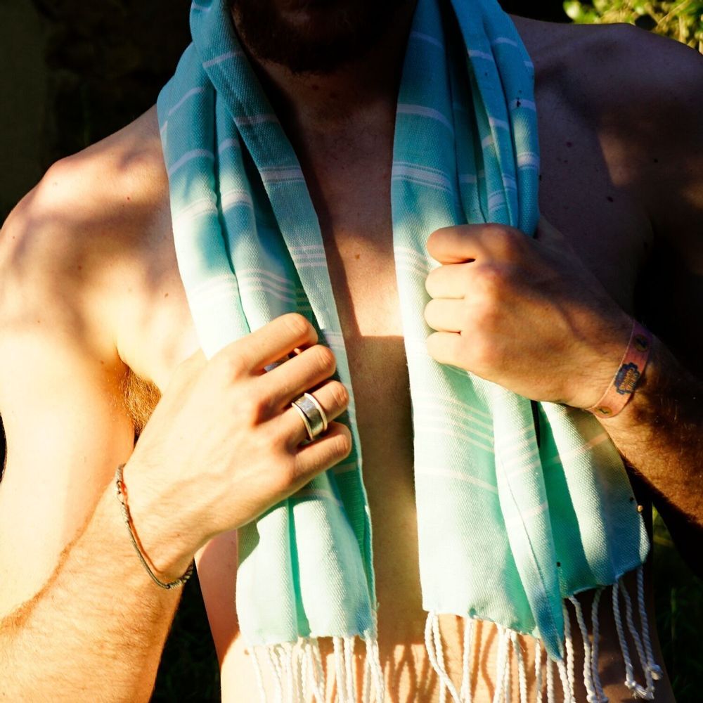Bath towels - ORGANIC COTTON FOUTA - HAMMAM COLLECTION - WHITE & MINT COLOR - KARAWAN AUTHENTIC