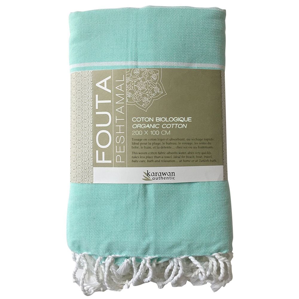 Bath towels - ORGANIC COTTON FOUTA - HAMMAM COLLECTION - WHITE & MINT COLOR - KARAWAN AUTHENTIC