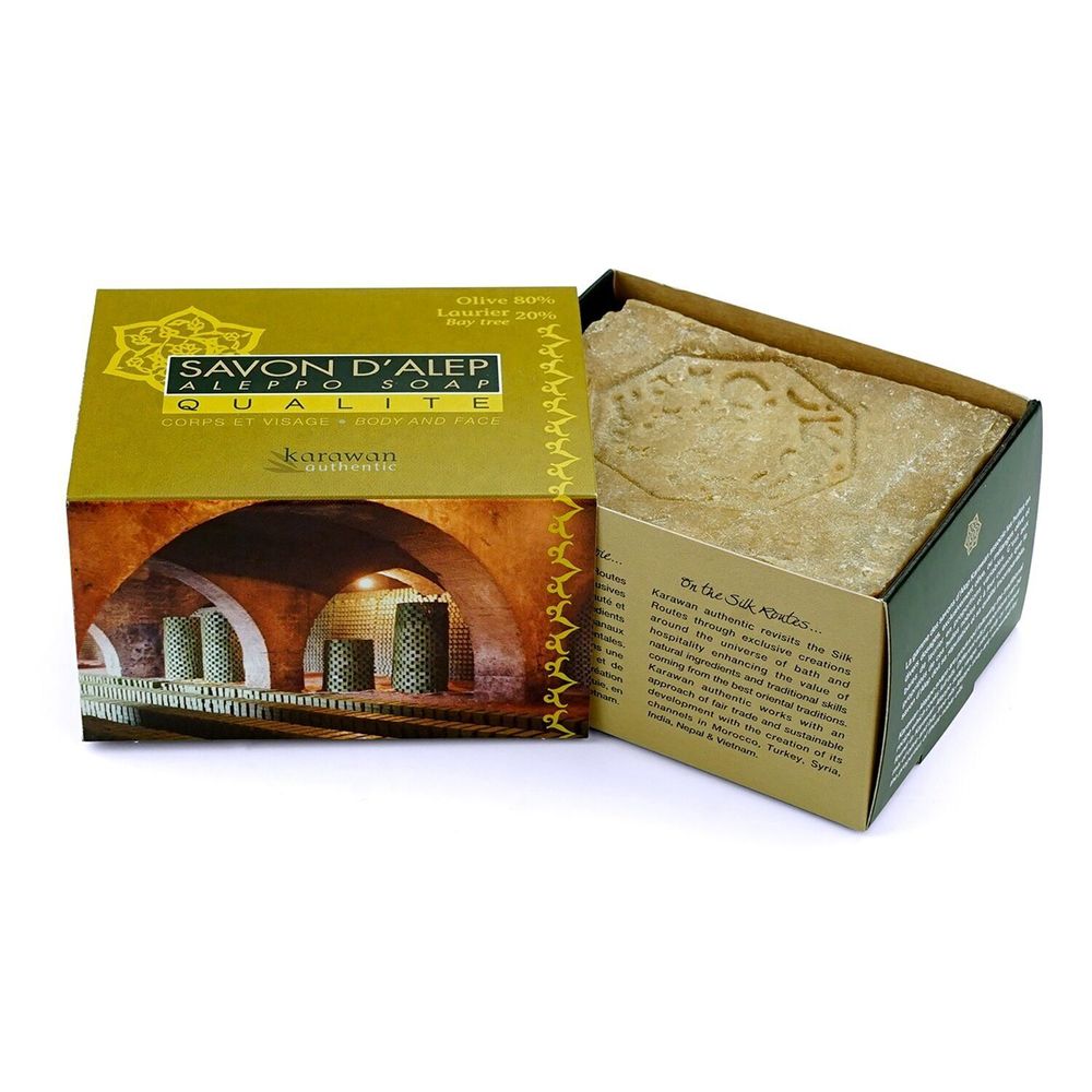 Savons - SAVON D'ALEP QUALITÉ - HUILE D'OLIVE 80% ET DE LAURIER 20% - EN BOITE - KARAWAN AUTHENTIC