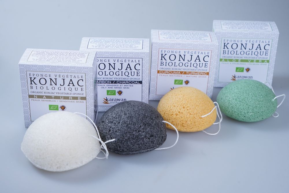 Cosmétiques - EPONGE KONJAC BIOLOGIQUE ENRICHIE À L'ALOE VERA - EN BOITE - KARAWAN AUTHENTIC