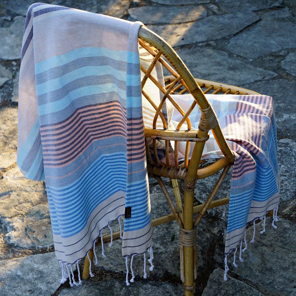 Serviettes de bain - FOUTA TISSÉE EN COTON BIOLOGIQUE - SUD - COULEUR WAVES - KARAWAN AUTHENTIC