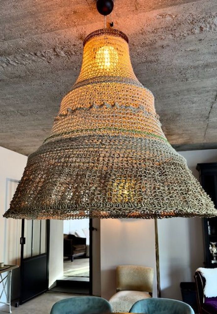 Unique pieces - Imposing HYBRID light made of linen and hemp, Height and diameter 100 cm, delivered with electric mount and system bringing the light source into the middle of the chandelier - ADELE VAHN