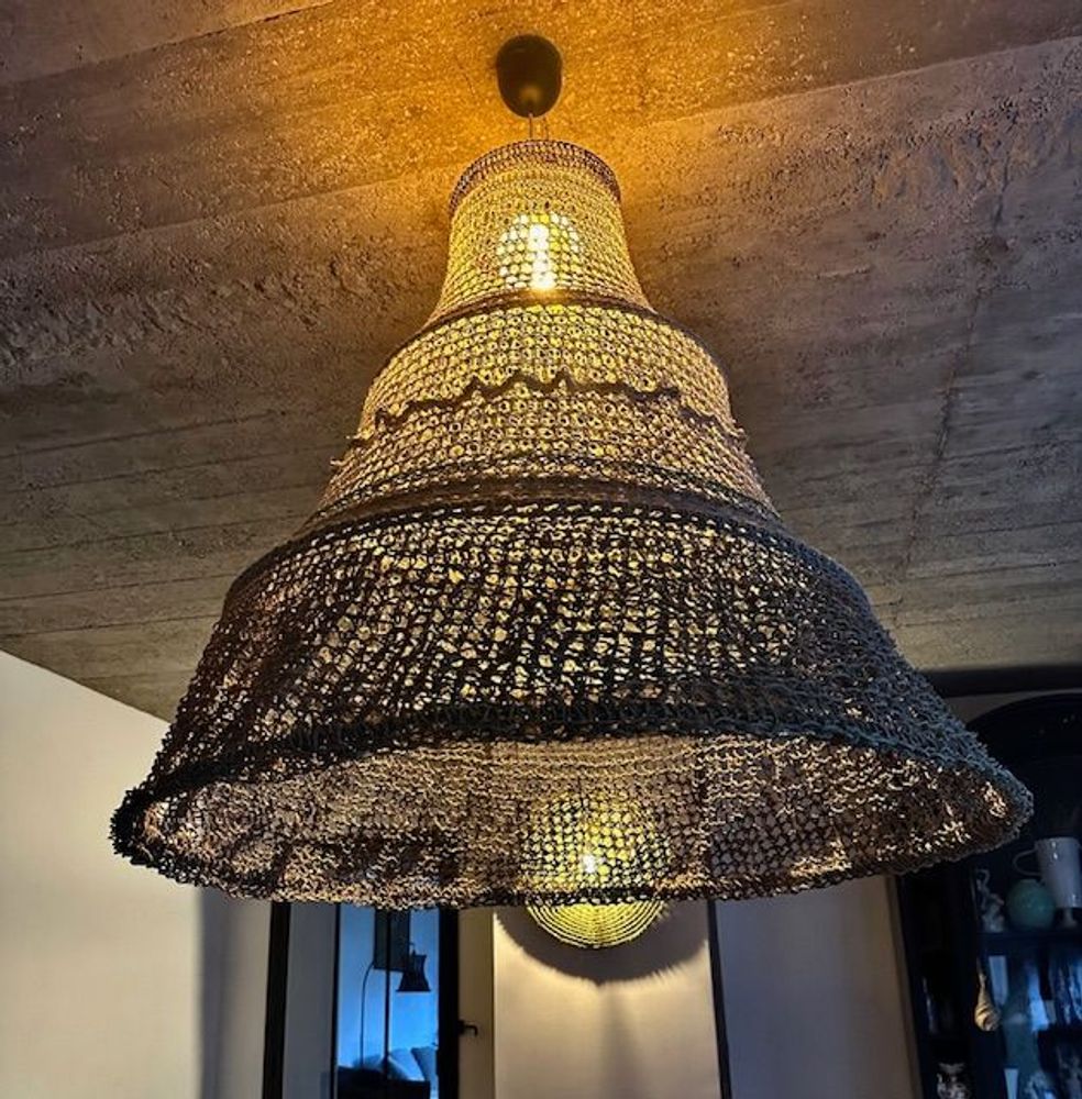 Unique pieces - Imposing HYBRID light made of linen and hemp, Height and diameter 100 cm, delivered with electric mount and system bringing the light source into the middle of the chandelier - ADELE VAHN