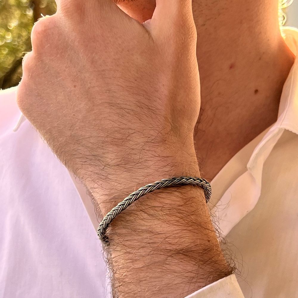 Bracelets - BRACELET TRESSE FINE- ARGENT ET ARGENT OXYDÉ - FAIT MAIN - HOMME&FEMME - KARAWAN AUTHENTIC