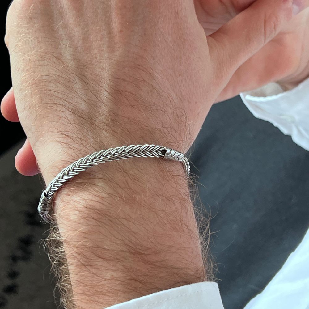 Bracelets - BRACELET TRESSE FINE- ARGENT ET ARGENT OXYDÉ - FAIT MAIN - HOMME&FEMME - KARAWAN AUTHENTIC