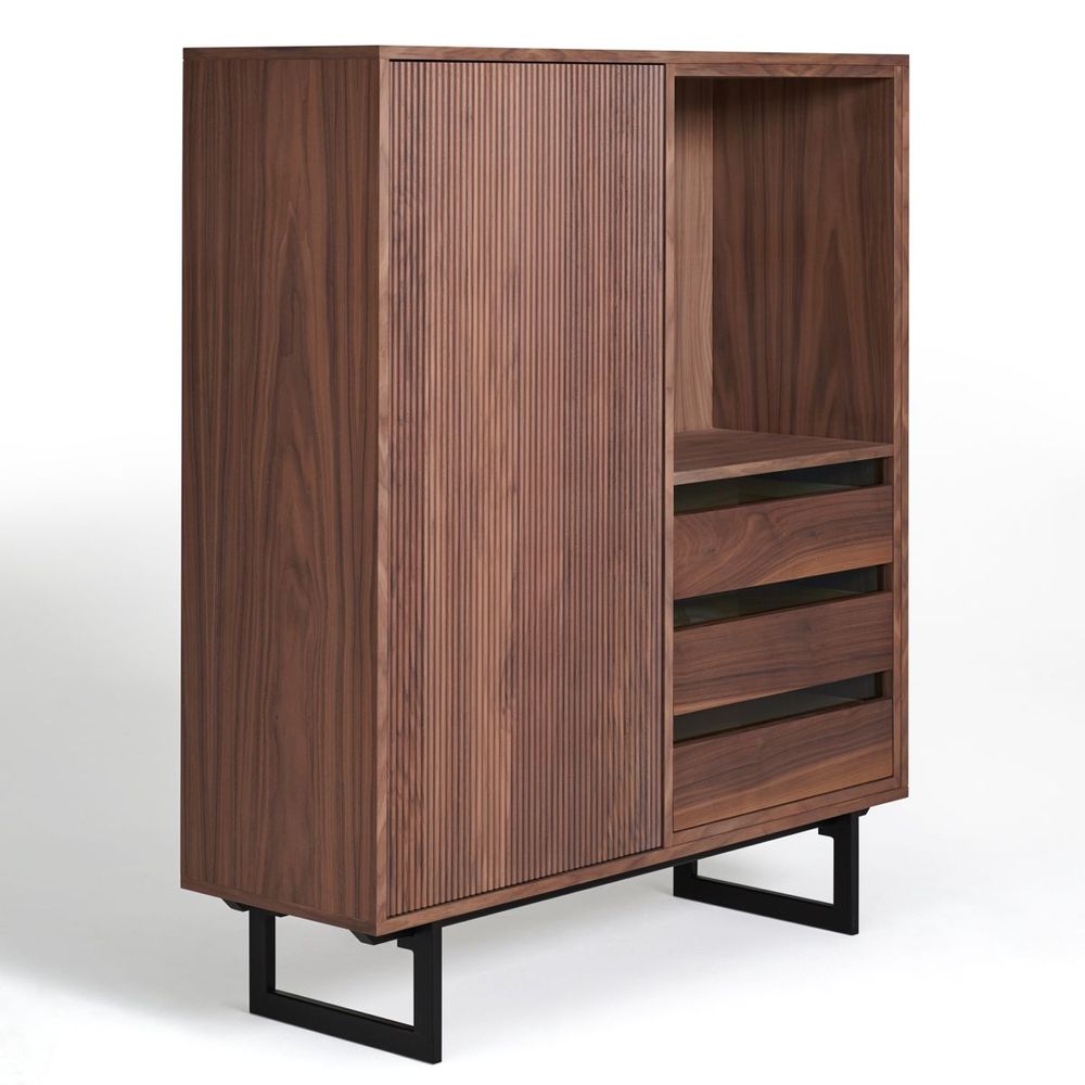 Wardrobe - Walnut living room cabinet: 1 door, 3 drawers and 1 glass shelf - MON PETIT MEUBLE FRANÇAIS