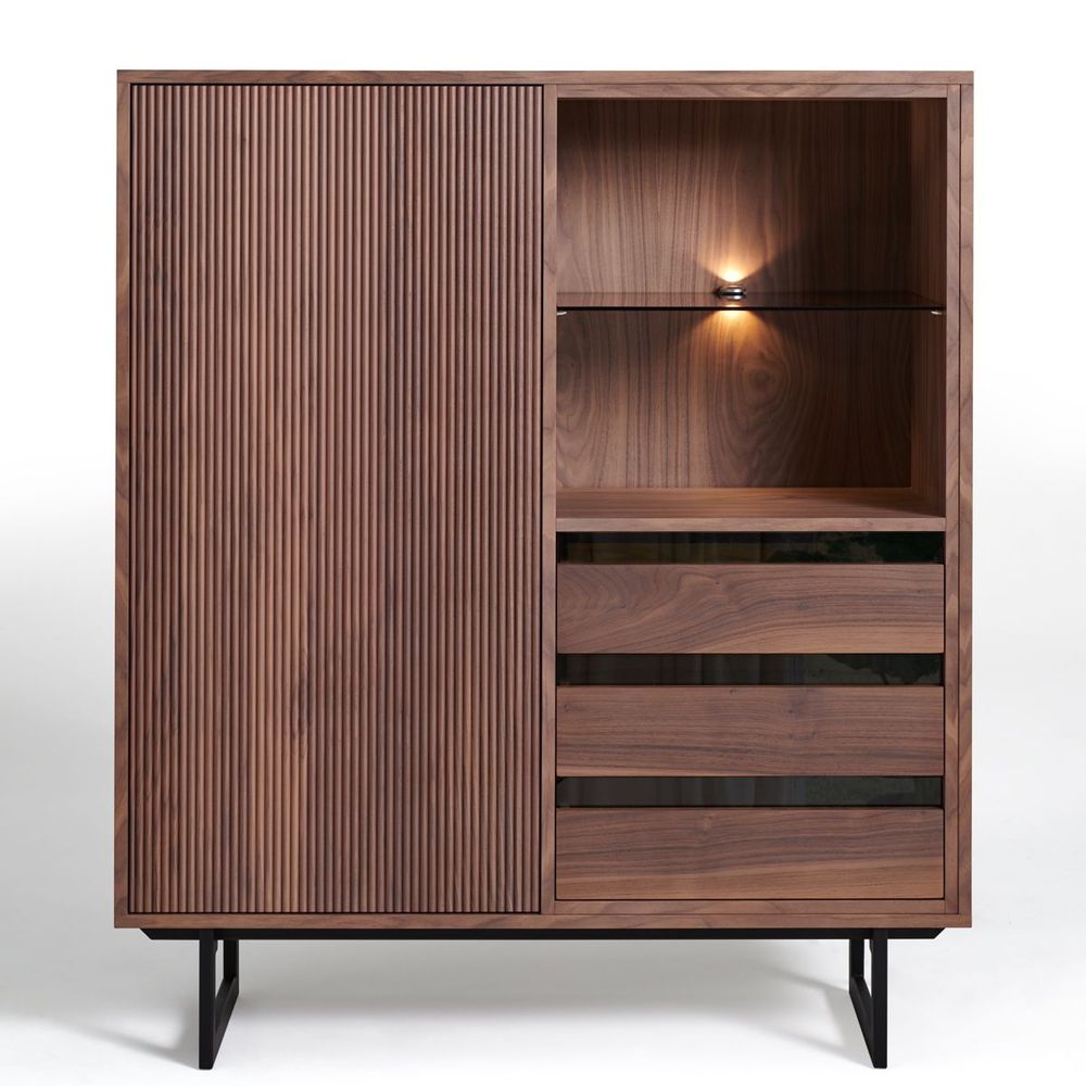 Wardrobe - Walnut living room cabinet: 1 door, 3 drawers and 1 glass shelf - MON PETIT MEUBLE FRANÇAIS