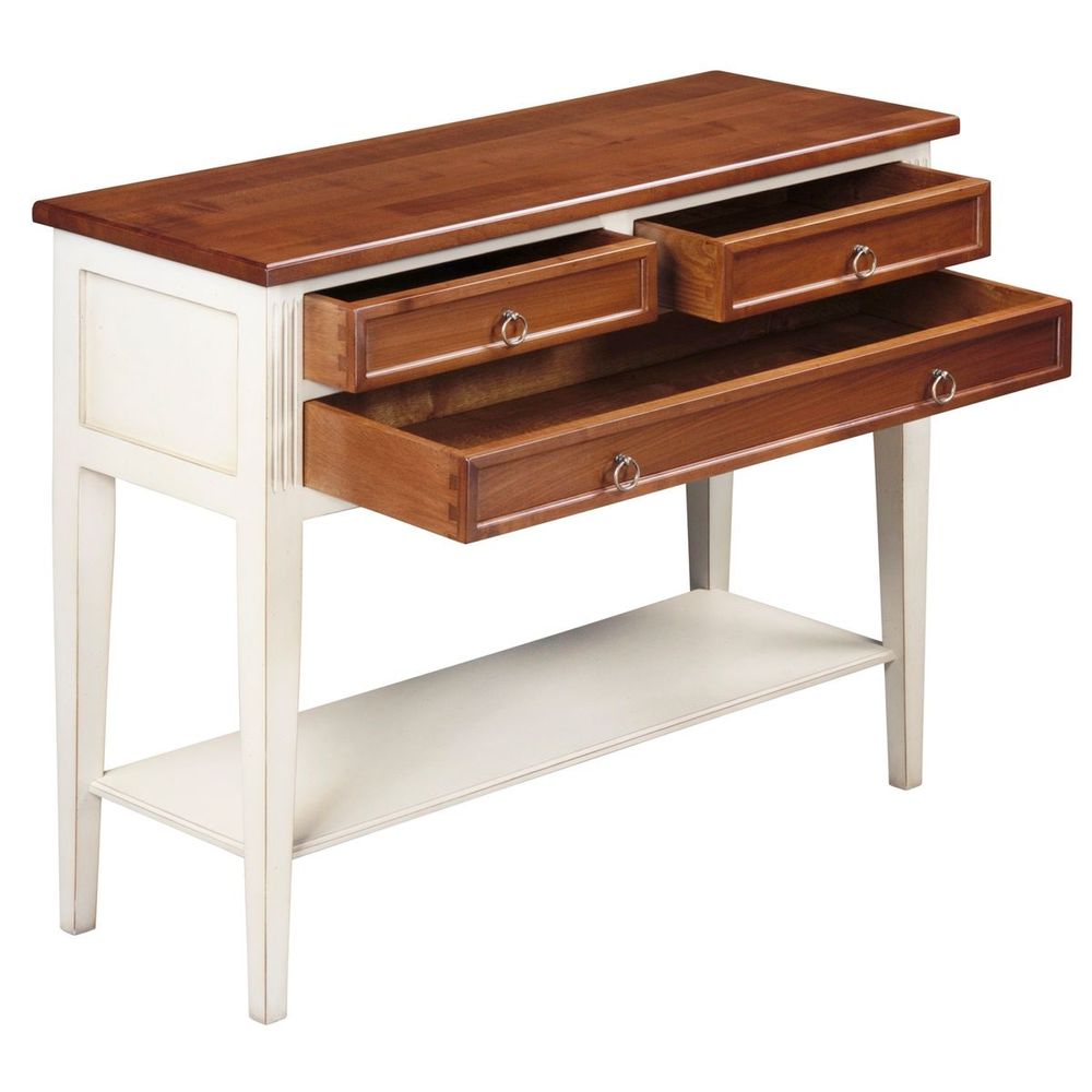 Console table - Console with 3 drawers in solid cherry wood, white-cream lacquered - MON PETIT MEUBLE FRANÇAIS