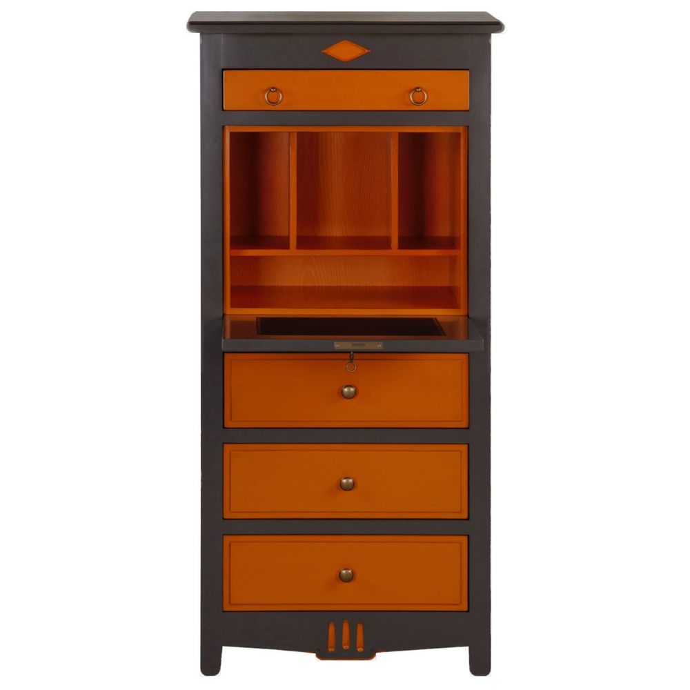 Secrétaires  - Meuble secrétaire en merisier massif gris et orange - MON PETIT MEUBLE FRANÇAIS