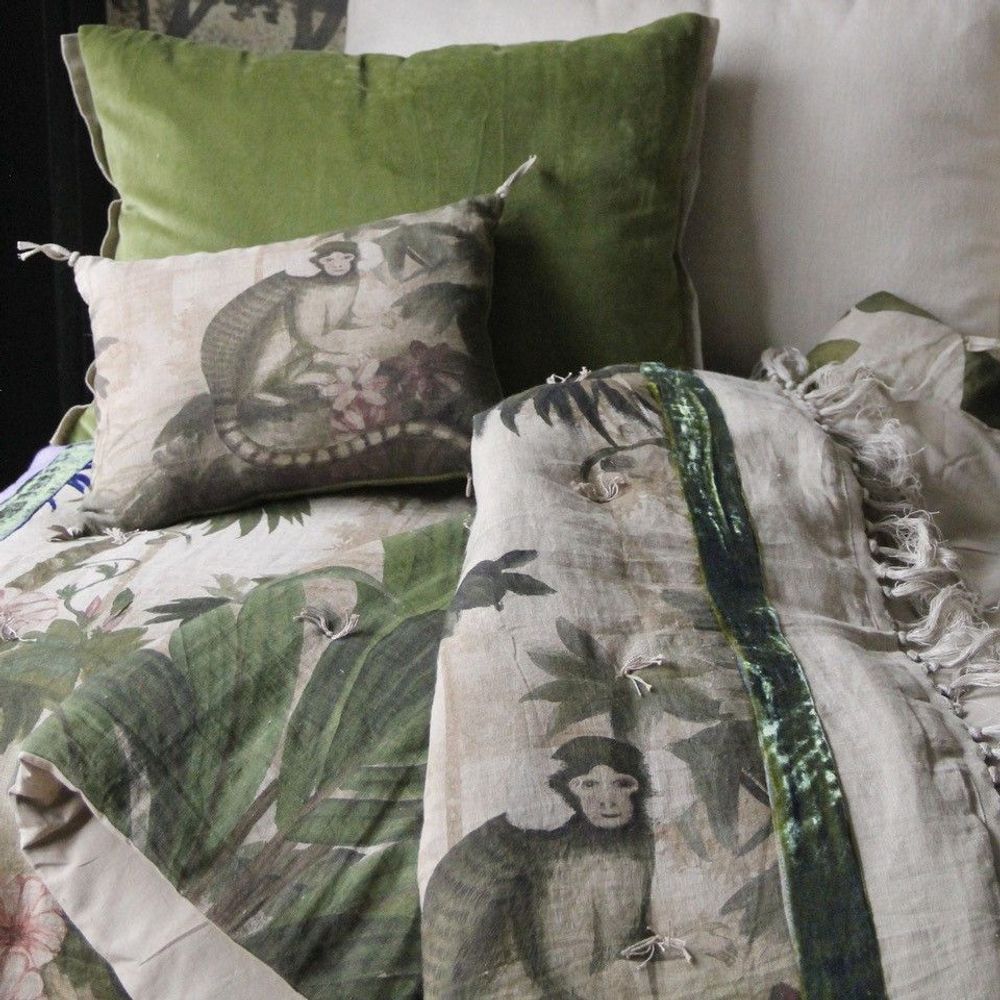 Linge de lit - COCHIN Plaid en lin imprimé Ananbo 140x250 cm CELADON - EN FIL D'INDIENNE...
