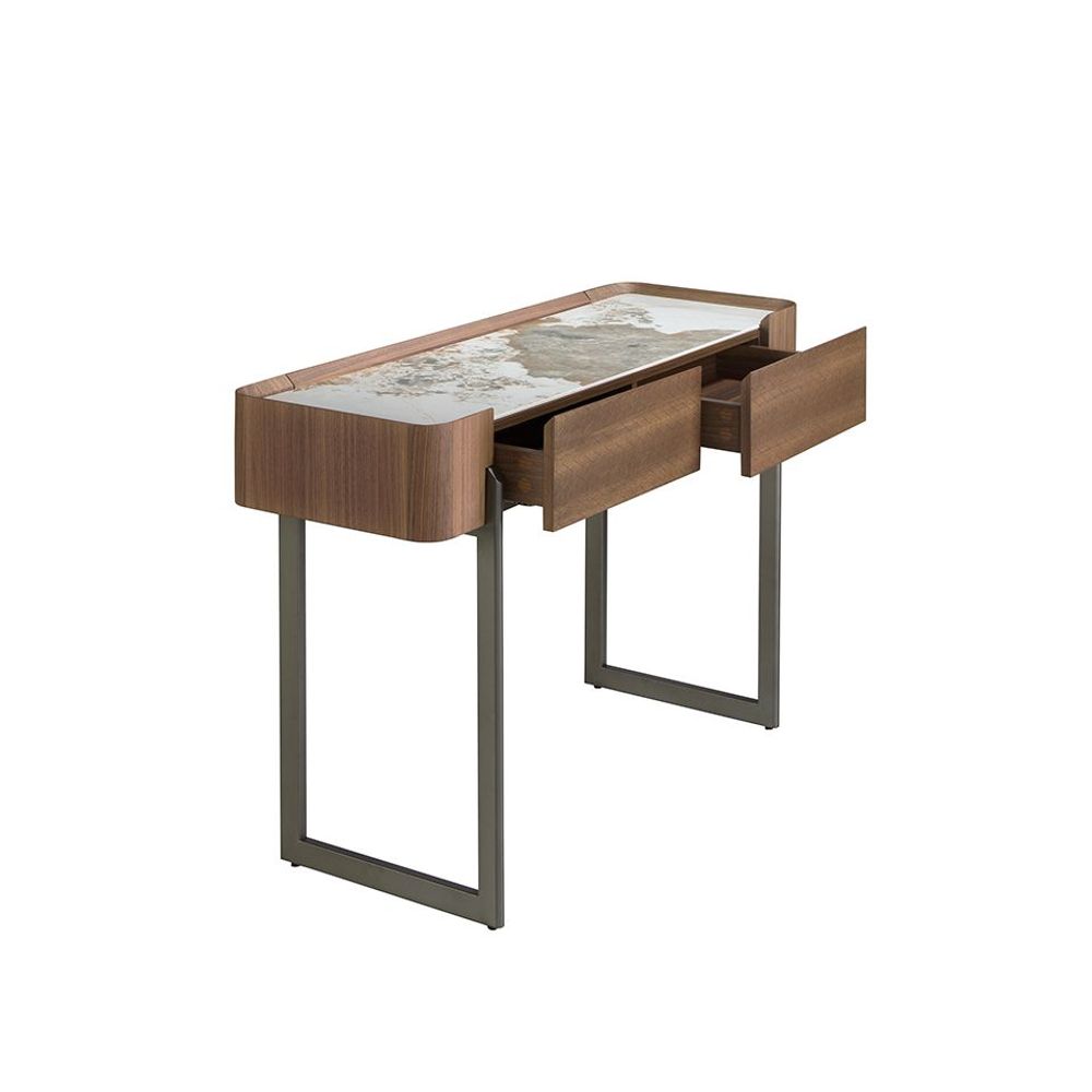 Console table - Rectangular porcelain marble, walnut and dark metallic steel console table - ANGEL CERDÁ