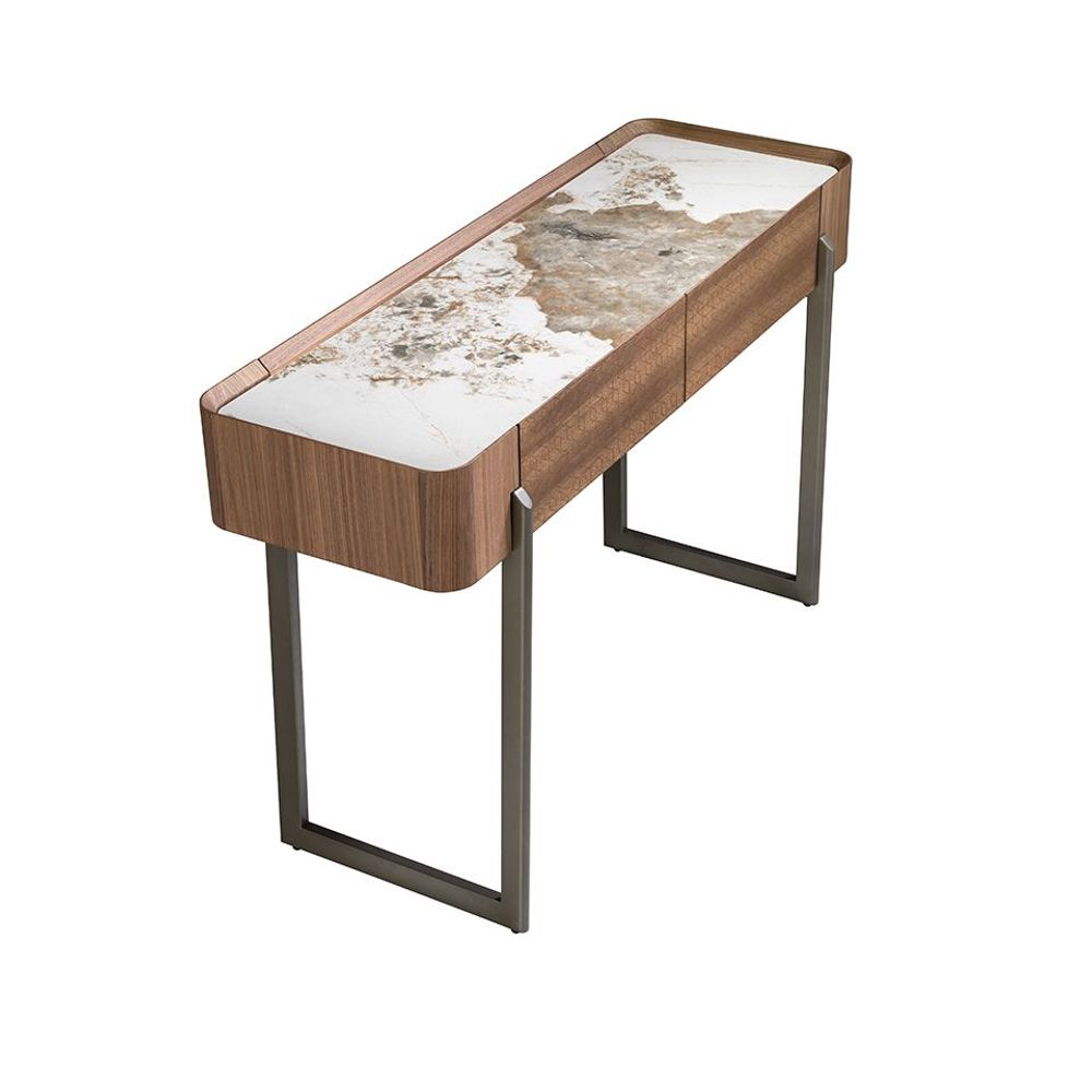 Console table - Rectangular porcelain marble, walnut and dark metallic steel console table - ANGEL CERDÁ
