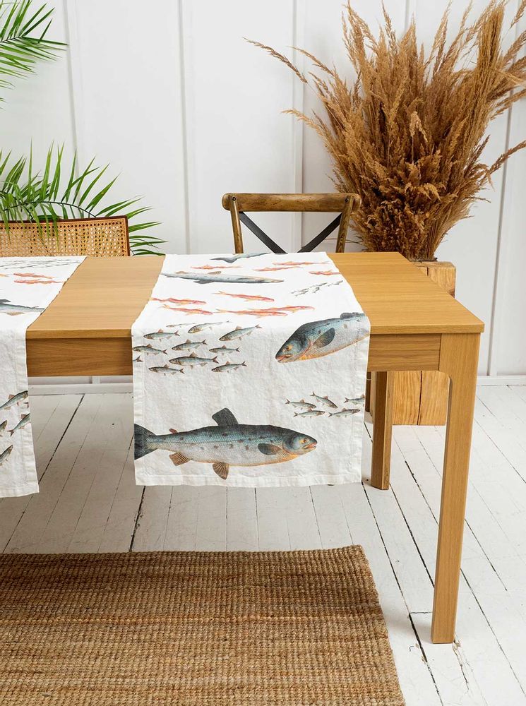 Kitchen linens - SEA FISH ǀ 100% Linen Table Runner - LINOROOM 100% LINEN TEXTILES