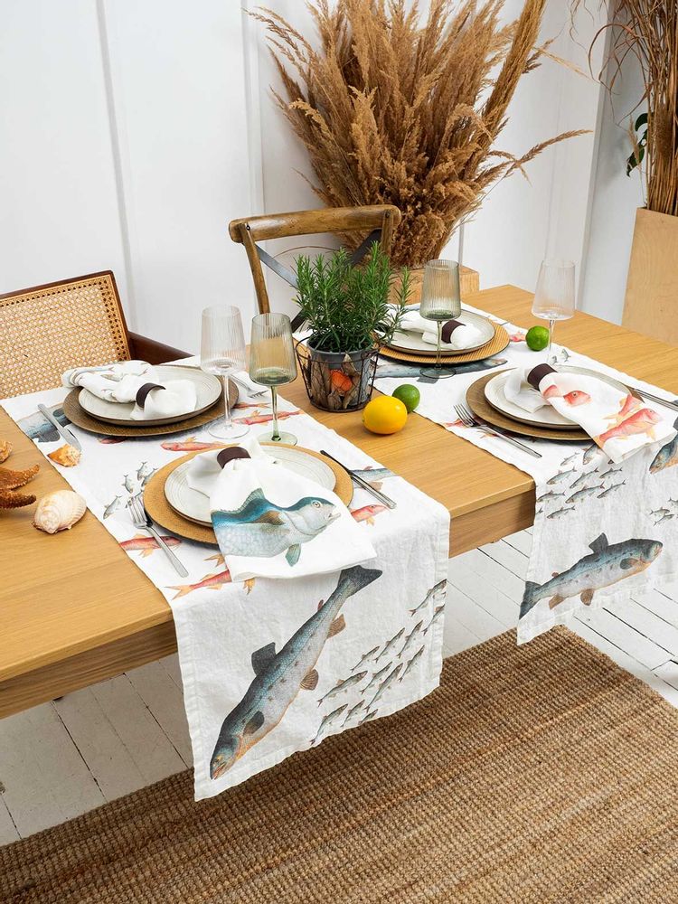 Kitchen linens - SEA FISH ǀ 100% Linen Table Runner - LINOROOM 100% LINEN TEXTILES
