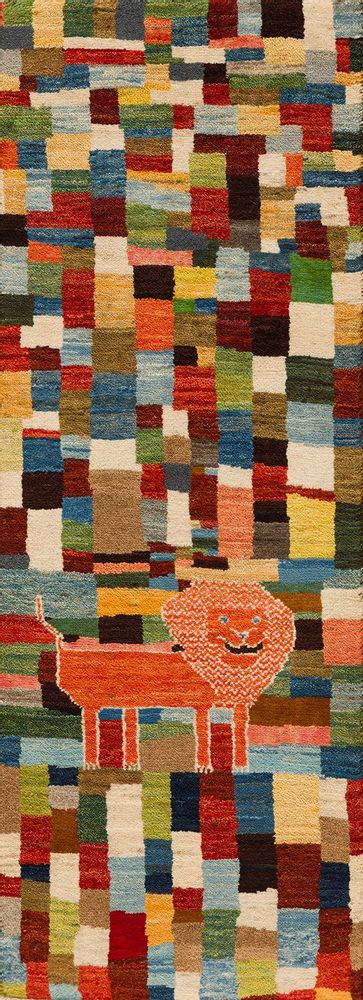 Design carpets - Mystical Lion amidst Polychrome Squares runner, Super Fine Gabbeh - ZOLLANVARI INTERNATIONAL