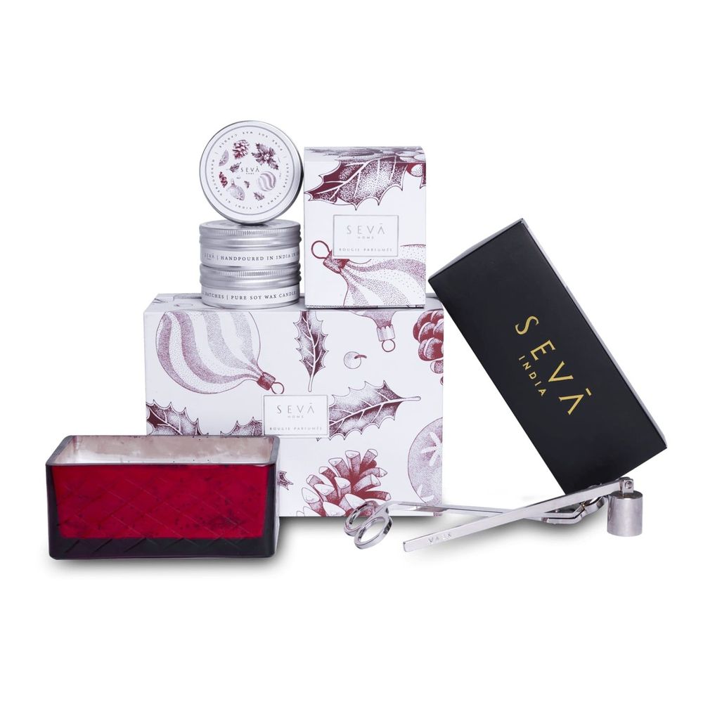 Bougies - Panier à motif décoratif Holly Jolly - (bougie en rubis, kit d'entretien pour bougies et lot de voyage de 3) - SEVA HOME