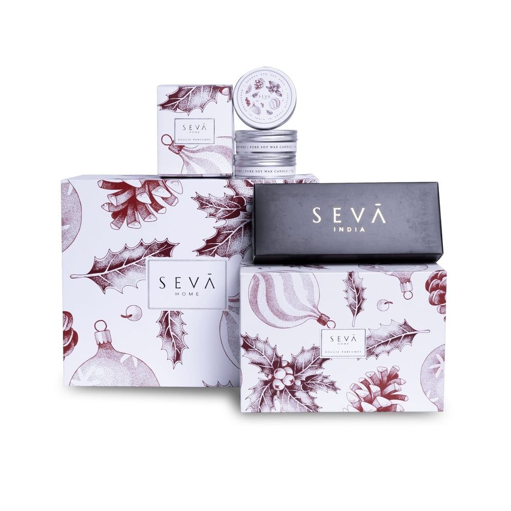 Bougies - Panier à motif décoratif Holly Jolly - (bougie en rubis, kit d'entretien pour bougies et lot de voyage de 3) - SEVA HOME