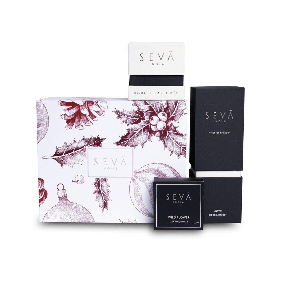 Home fragrances - Mistletoe Magic Hamper in Ornament Print - (Luxe Candle , Diffuser ,Car Freshner ) - SEVA HOME