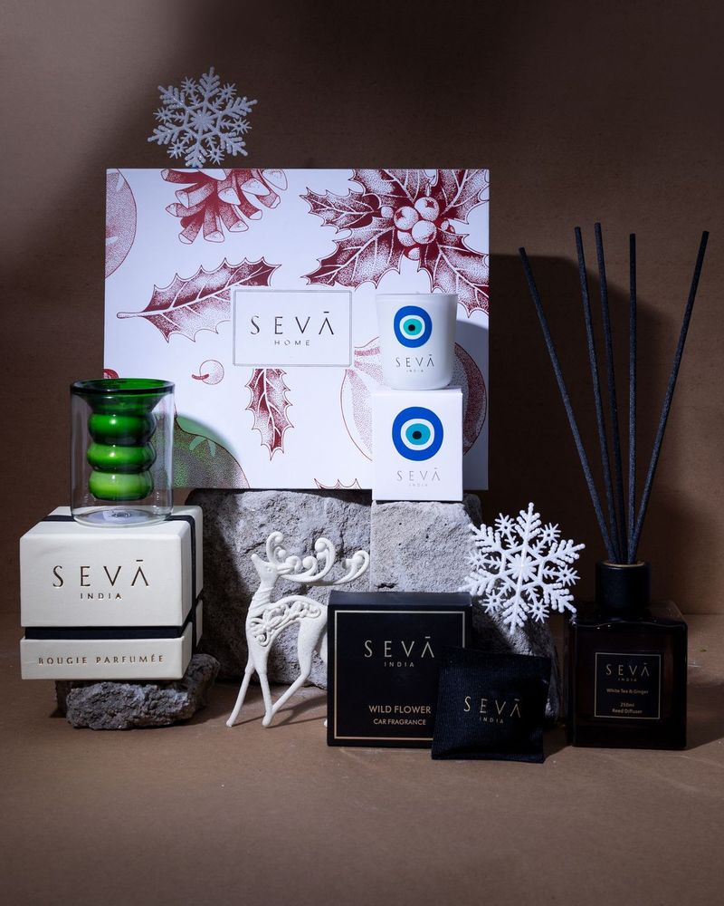 Home fragrances - Secret Santa Hamper in Ornament Print- Luxe Candle, Diffuser, Car Freshener and Evil Eye Candle) - SEVA HOME
