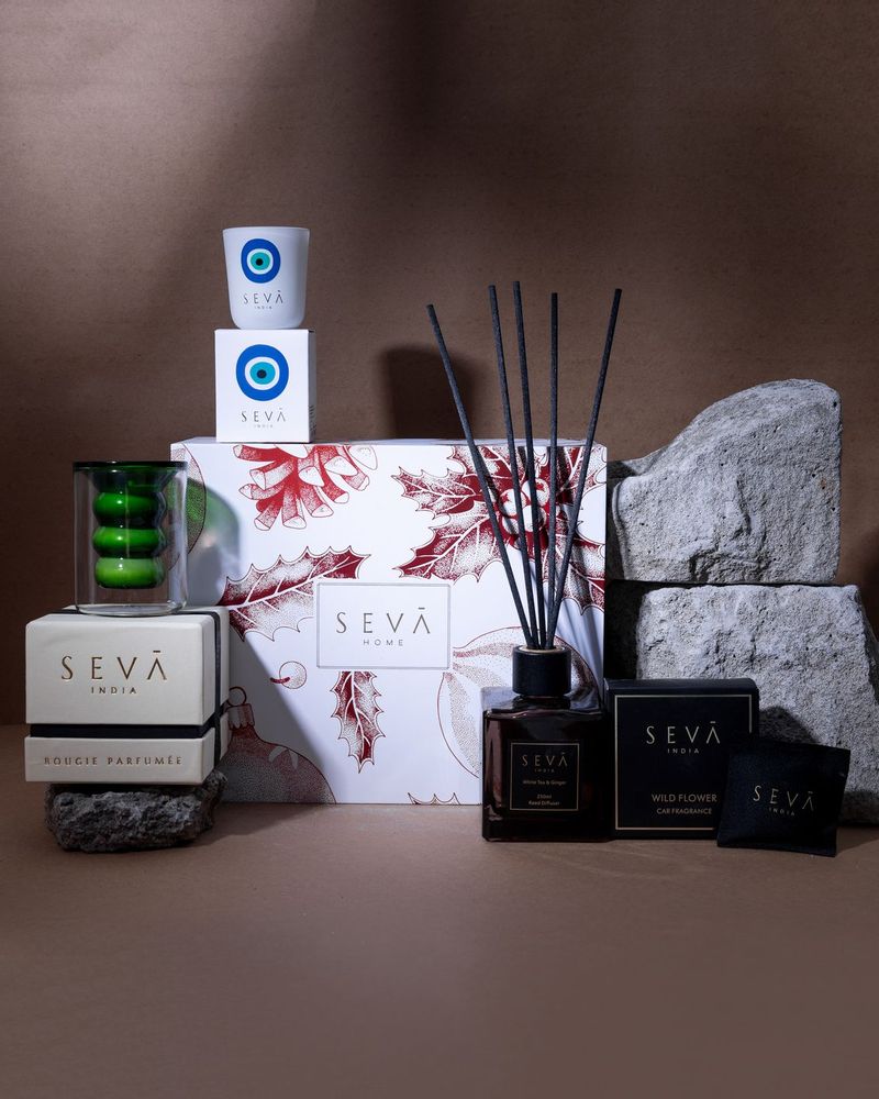 Home fragrances - Secret Santa Hamper in Ornament Print- Luxe Candle, Diffuser, Car Freshener and Evil Eye Candle) - SEVA HOME