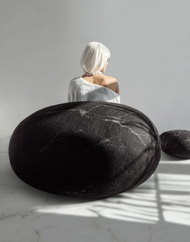 Objets de décoration - Meuble pouf ottoman en laine "Marbre noir" - KATSU STONES