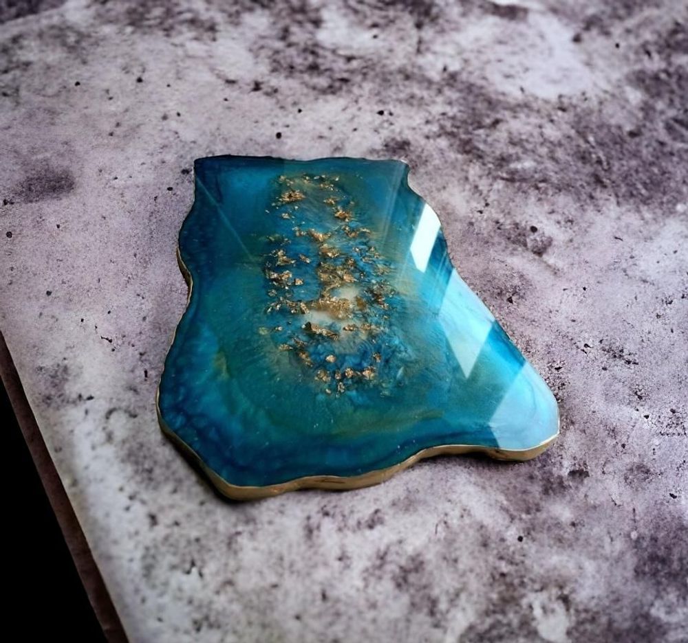Plateaux - Plateau de service en résine, turquoise avec feuilles dorées - SI DECO