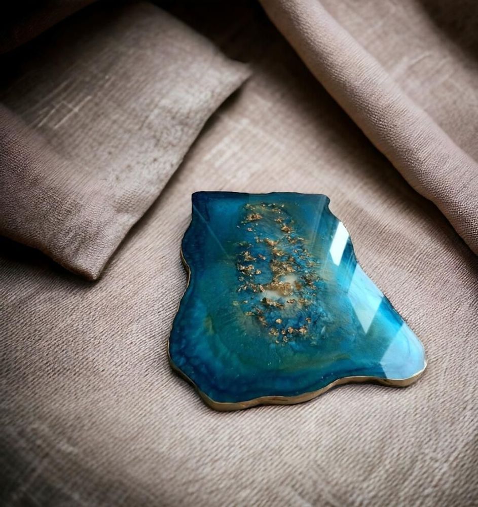 Plateaux - Plateau de service en résine, turquoise avec feuilles dorées - SI DECO