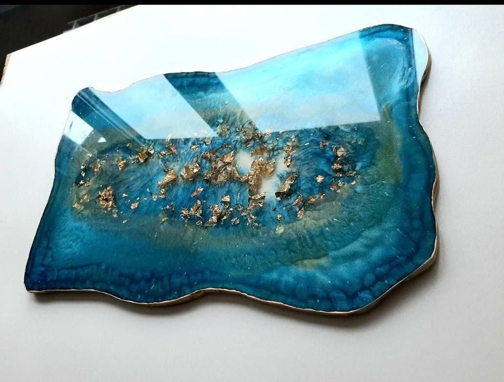 Plateaux - Plateau de service en résine, turquoise avec feuilles dorées - SI DECO