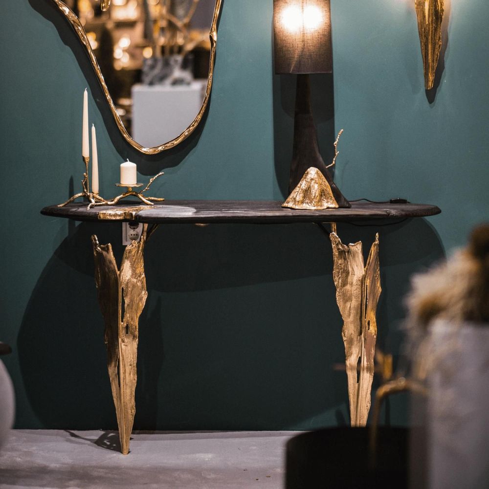 Console table - Fólia Console - Gold and pinewood console; organic design; console for entryway - MAEVE