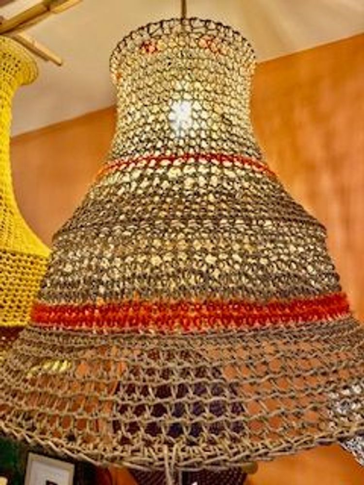 Other office supplies - SAHARA lamp made of raw linen and orange jute touches Height 40 cm Diameter 60 cm delivered with electric mount - ADELE VAHN
