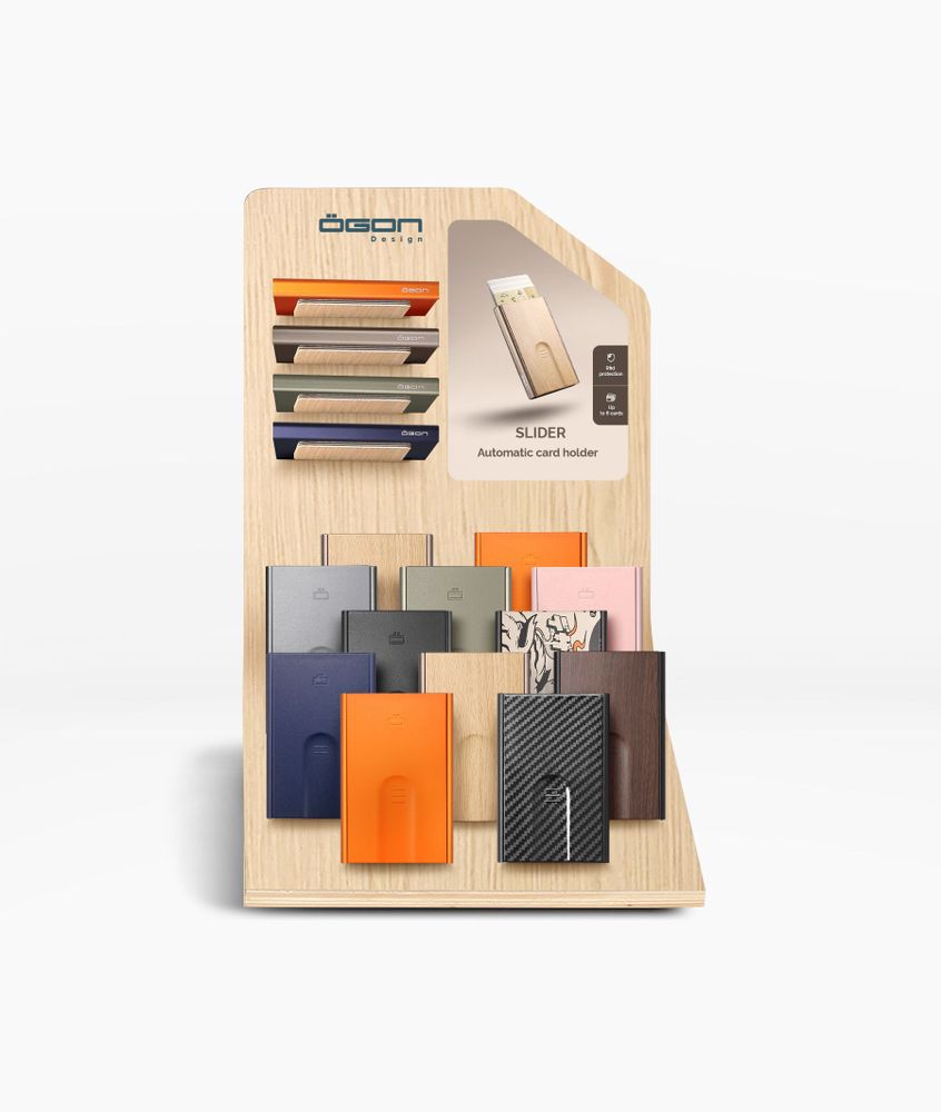 Petite maroquinerie - Pack d'implantation - 30 porte-cartes automatiques Slider + présentoir adapté - ÖGON DESIGN