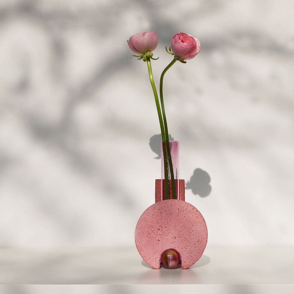 Vases - Vase à fleurs rose en verre et pierre, Cochlea della Metamorfosi n°2 - COKI