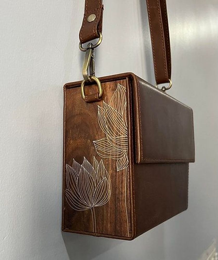 Bags and totes - Wooden and leather bag with metal inlay. - THECRAFTROOT