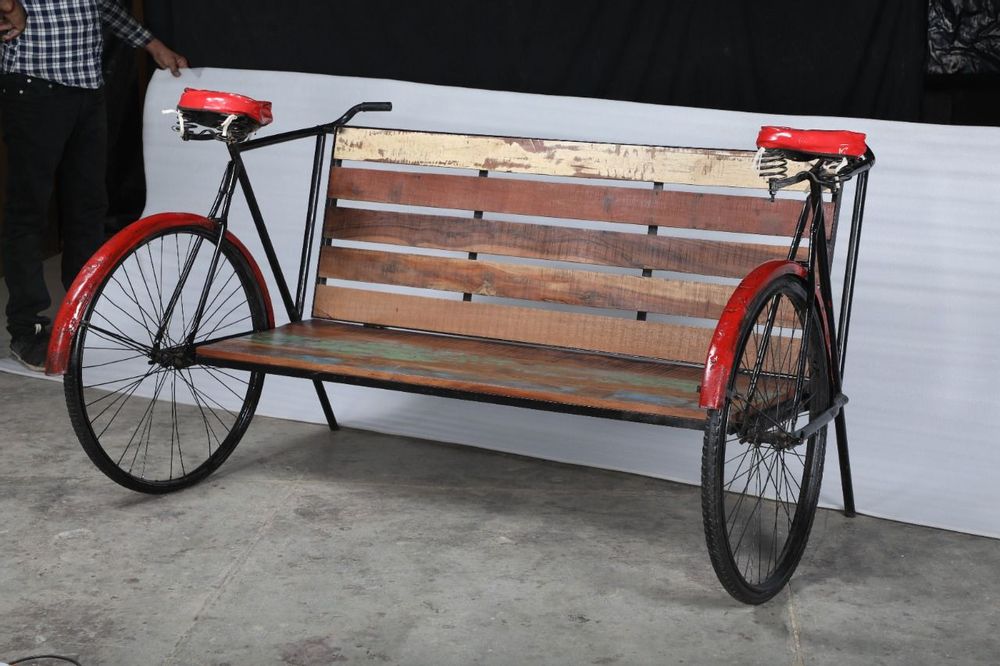 Bancs - Banc Bicyclette Recyclé Bois Et Métal - GRAND DÉCOR