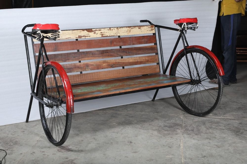 Bancs - Banc Bicyclette Recyclé Bois Et Métal - GRAND DÉCOR