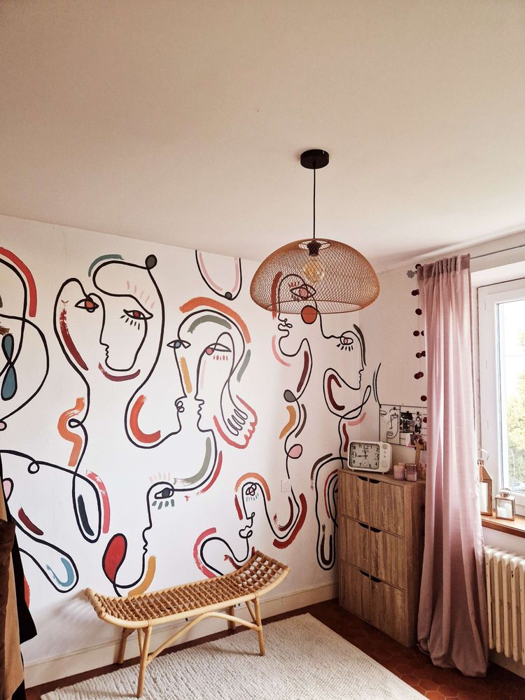 Papiers peints - Papier peint panoramique avec visages abstraits - œuvre contemporaine - LA TOUCHE ORIGINALE
