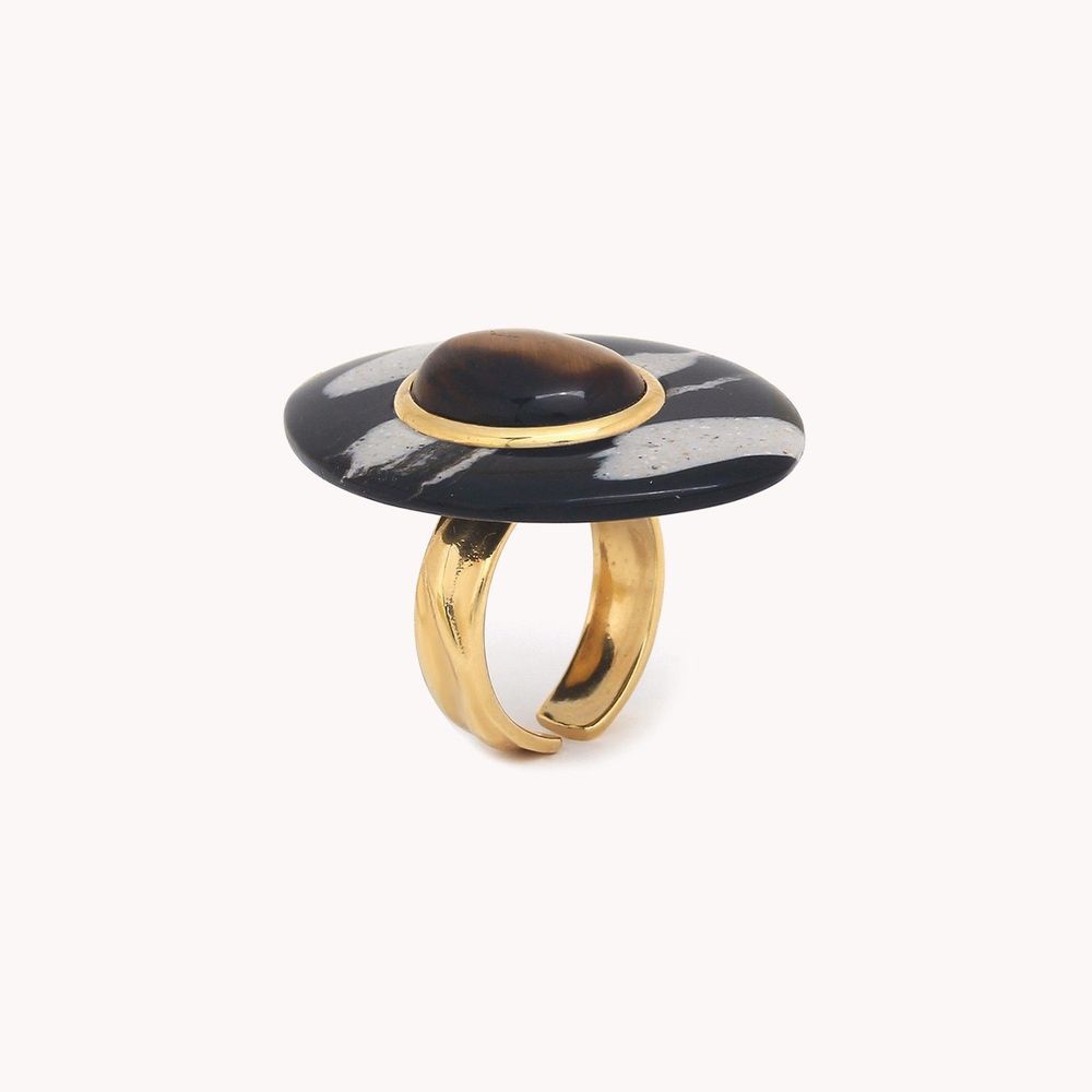 Bijoux - Bague ajustable corne noire ovale - Zebra - NATURE BIJOUX